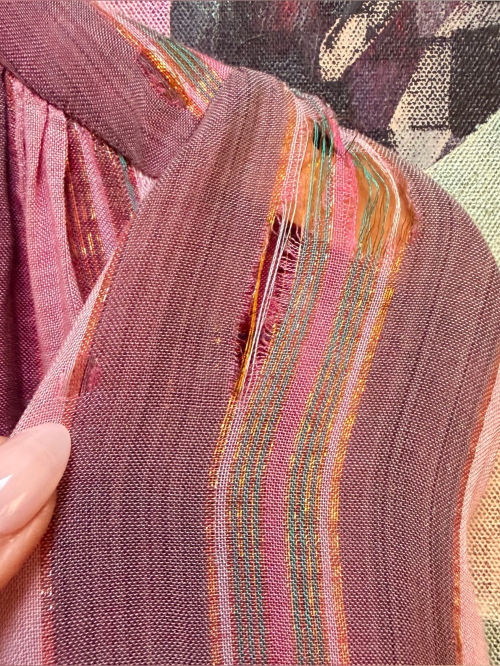 Vintage Indian Cotton Gauze Blouse Pink Metallic Stripes Size small - Picture 7 of 14